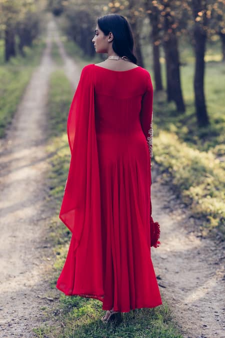 Shop Madzin Red Silk Georgette Boat Embroidered Asymmetric Kurta Pant Set at Aza Fashions Shop_Madzin_Red Silk Georgette Boat Embroidered Asymmetric Kurta Pant Set _at_Aza_Fashions