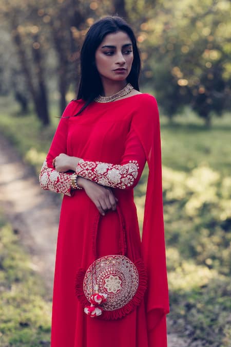 Madzin Red Silk Georgette Boat Embroidered Asymmetric Kurta Pant Set Online at Aza Fashions Madzin_Red Silk Georgette Boat Embroidered Asymmetric Kurta Pant Set _Online_at_Aza_Fashions