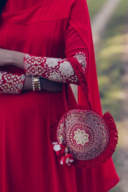 Buy Madzin Red Silk Georgette Boat Embroidered Asymmetric Kurta Pant Set Online at Aza Fashions Buy_Madzin_Red Silk Georgette Boat Embroidered Asymmetric Kurta Pant Set _Online_at_Aza_Fashions