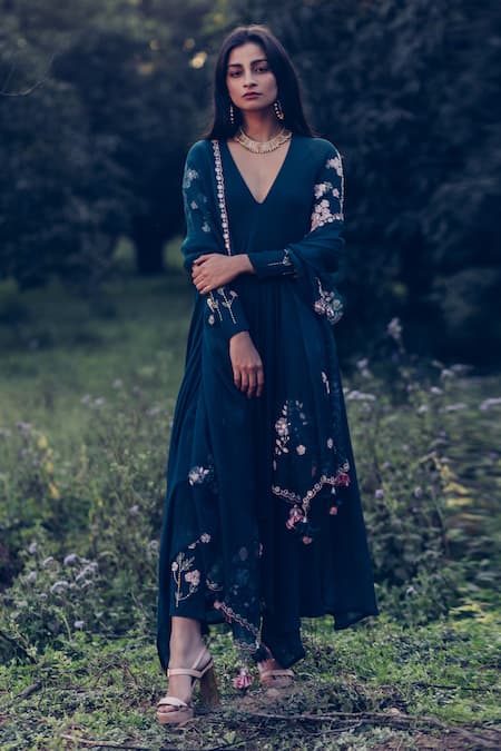 Madzin Green Pant Silk Stretch Georgette Dupatta Embroidered Asymmetric Kurta Set 