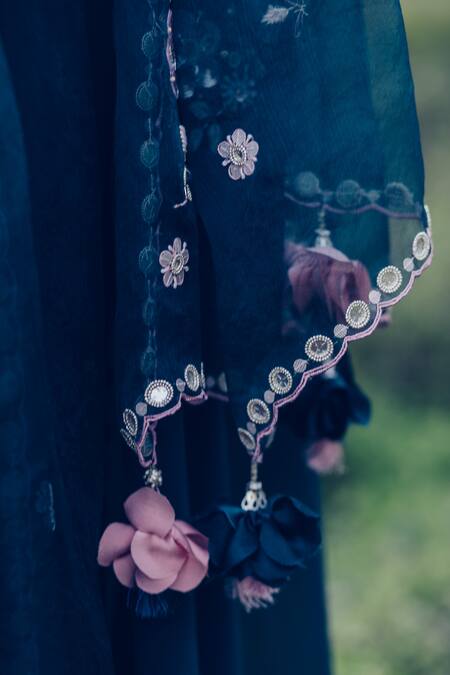 Shop Madzin Green Pant Silk Stretch Georgette Dupatta Embroidered Asymmetric Kurta Set Online at Aza Fashions Shop_Madzin_Green Pant Silk Stretch Georgette Dupatta Embroidered Asymmetric Kurta Set _Online_at_Aza_Fashions