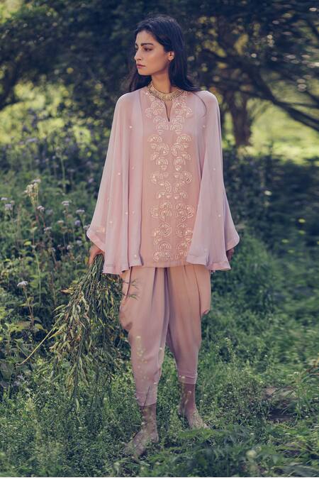 Buy Madzin Pink Kurta Georgette + Chiffon Pant Hand Embroidered And Dhoti Online at Aza Fashions Buy_Madzin_Pink Kurta Georgette + Chiffon Pant Hand Embroidered And Dhoti _Online_at_Aza_Fashions