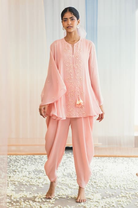 Madzin Pink And Crepe Lining Shantoon Round Kurta & Dhoti Pant Set 