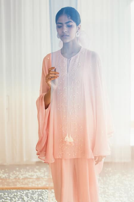 Shop Madzin Pink And Crepe Lining Shantoon Round Kurta & Dhoti Pant Set at Aza Fashions Shop_Madzin_Pink And Crepe Lining Shantoon Round Kurta & Dhoti Pant Set _at_Aza_Fashions