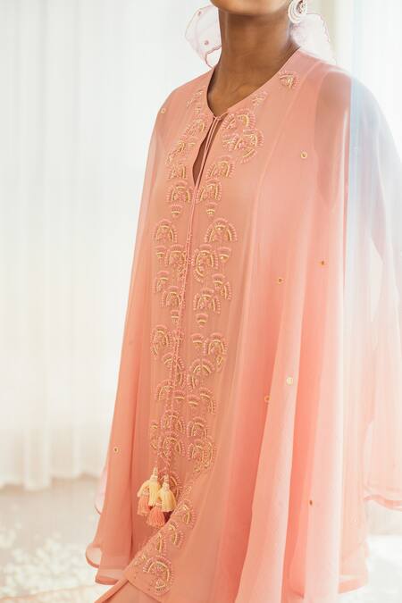 Buy Madzin Pink And Crepe Lining Shantoon Round Kurta & Dhoti Pant Set Online at Aza Fashions Buy_Madzin_Pink And Crepe Lining Shantoon Round Kurta & Dhoti Pant Set _Online_at_Aza_Fashions