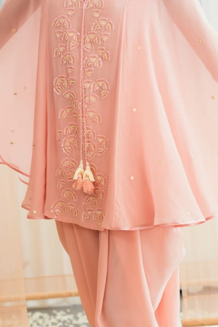 Shop Madzin Pink And Crepe Lining Shantoon Round Kurta & Dhoti Pant Set Online at Aza Fashions Shop_Madzin_Pink And Crepe Lining Shantoon Round Kurta & Dhoti Pant Set _Online_at_Aza_Fashions
