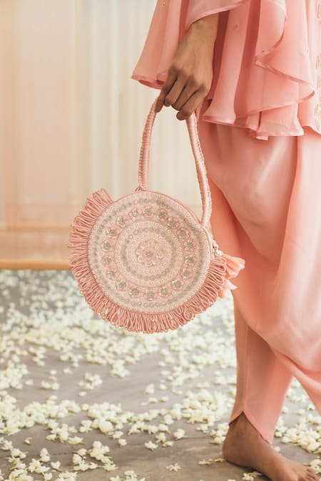 Madzin Pink And Crepe Lining Shantoon Round Kurta & Dhoti Pant Set at Aza Fashions Madzin_Pink And Crepe Lining Shantoon Round Kurta & Dhoti Pant Set _at_Aza_Fashions