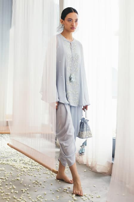 Madzin Blue And Crepe Lining Shantoon Round Kurta & Dhoti Pant Set 