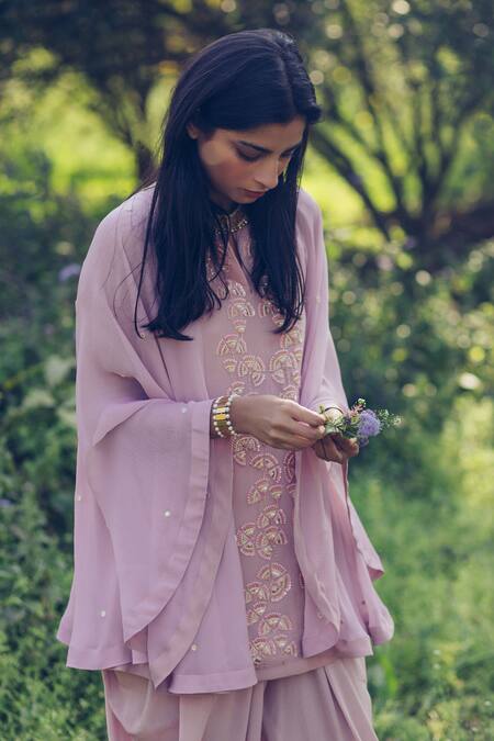 Shop Madzin Pink Kurta Georgette + Chiffon Pant Hand Embroidered And Dhoti at Aza Fashions Shop_Madzin_Pink Kurta Georgette + Chiffon Pant Hand Embroidered And Dhoti _at_Aza_Fashions