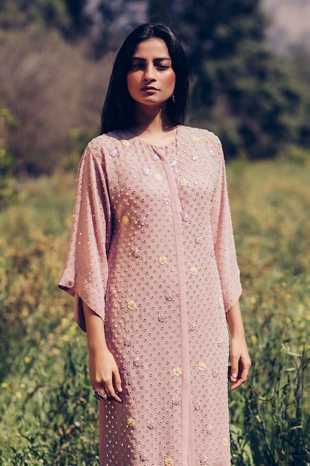 Madzin Pink Kurta  Pant Stretch Hand Embroidered Set 