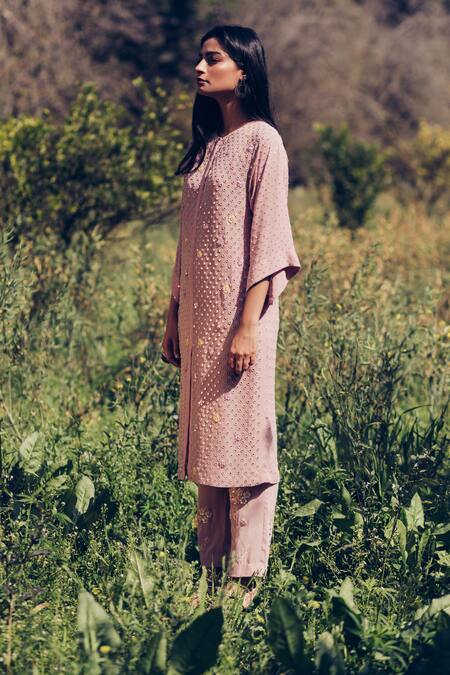 Madzin Pink Kurta Pant Stretch Hand Embroidered Set Online at Aza Fashions Madzin_Pink Kurta Pant Stretch Hand Embroidered Set _Online_at_Aza_Fashions