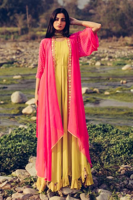 Shop Madzin Yellow Jumpsuit Georgette + Chiffon Cape Pleated With Embroidered at Aza Fashions Shop_Madzin_Yellow Jumpsuit Georgette + Chiffon Cape Pleated With Embroidered _at_Aza_Fashions