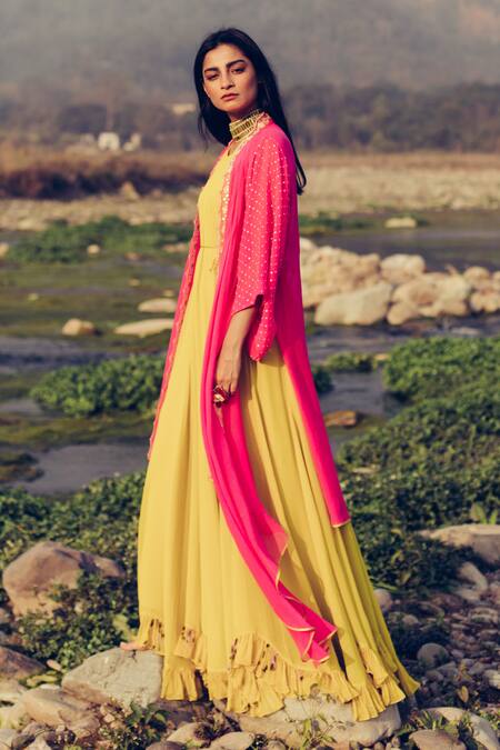 Buy Madzin Yellow Jumpsuit Georgette + Chiffon Cape Pleated With Embroidered Online at Aza Fashions Buy_Madzin_Yellow Jumpsuit Georgette + Chiffon Cape Pleated With Embroidered _Online_at_Aza_Fashions