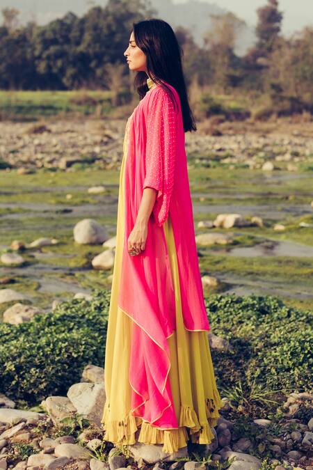 Madzin Yellow Jumpsuit Georgette + Chiffon Cape Pleated With Embroidered Online at Aza Fashions Madzin_Yellow Jumpsuit Georgette + Chiffon Cape Pleated With Embroidered _Online_at_Aza_Fashions