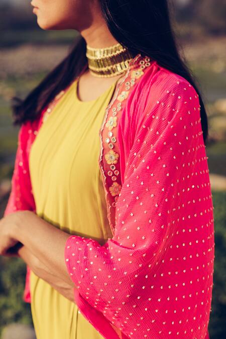 Shop Madzin Yellow Jumpsuit Georgette + Chiffon Cape Pleated With Embroidered Online at Aza Fashions Shop_Madzin_Yellow Jumpsuit Georgette + Chiffon Cape Pleated With Embroidered _Online_at_Aza_Fashions