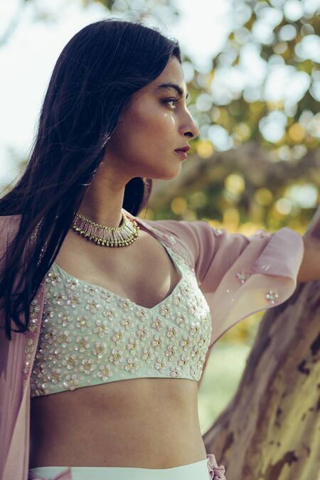 Shop_Madzin_Green Top Stretch Georgette Pant Hand Embroidered And Set _Online_at_Aza_Fashions