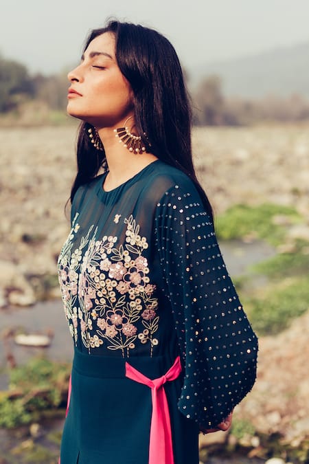 Shop Madzin Green Silk Georgette Round Hand Embroidered Jumpsuit at Aza Fashions Shop_Madzin_Green Silk Georgette Round Hand Embroidered Jumpsuit _at_Aza_Fashions