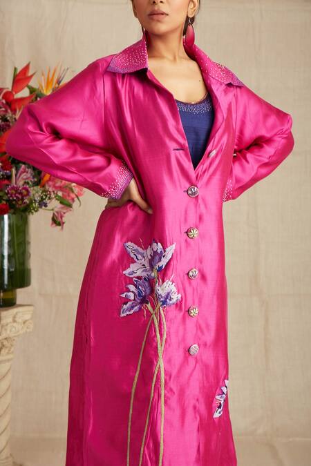 Shop_Bhusattva_Blue Organic Silk Oversize Collar Kurta With Jacket  _Online_at_Aza_Fashions