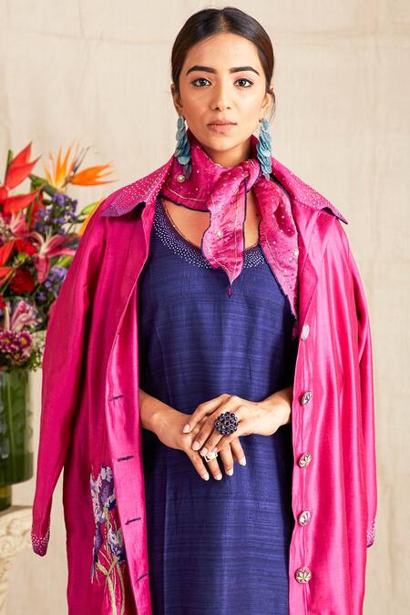 Bhusattva_Blue Organic Silk Oversize Collar Kurta With Jacket  _at_Aza_Fashions