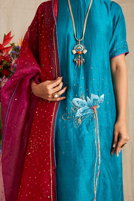 Shop_Bhusattva_Blue Kurta Organic Silk Round Set  _Online_at_Aza_Fashions