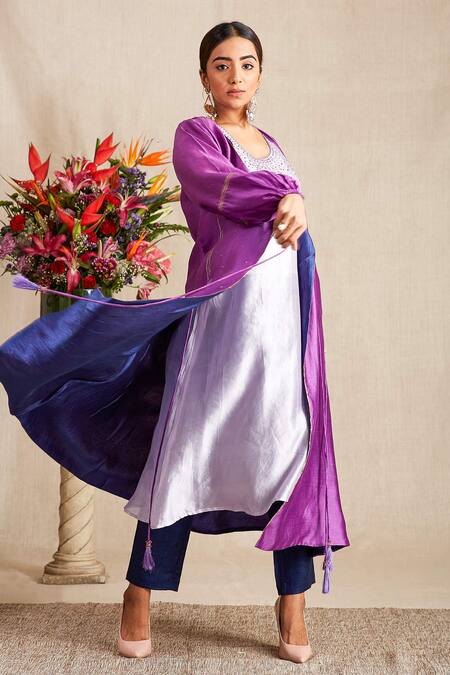 Shop Bhusattva Purple Organic Silk Oversize Collar Angrakha Jacket With Inner at Aza Fashions Shop_Bhusattva_Purple Organic Silk Oversize Collar Angrakha Jacket With Inner _at_Aza_Fashions