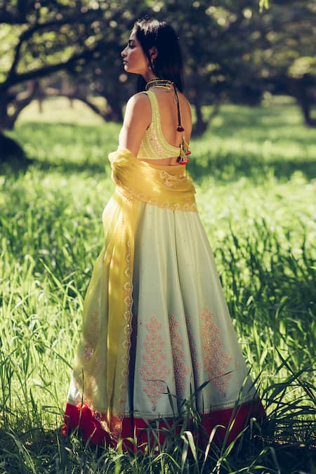 Shop Madzin Green Blouse Stretch Georgette Lehenga Hand Embroidered Set at Aza Fashions Shop_Madzin_Green Blouse Stretch Georgette Lehenga Hand Embroidered Set _at_Aza_Fashions