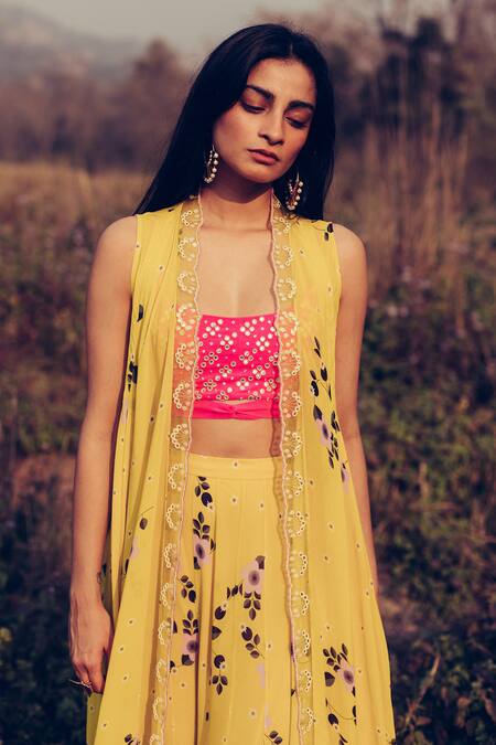Madzin Yellow Georgette Blouse Scoop Hand Embroidered Jacket And Lehenga Set Online at Aza Fashions Madzin_Yellow Georgette Blouse Scoop Hand Embroidered Jacket And Lehenga Set _Online_at_Aza_Fashions