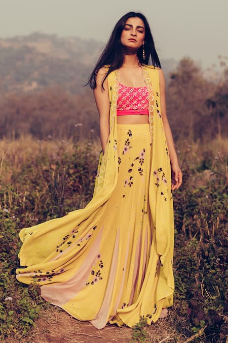 Buy Yellow Georgette Blouse Scoop Hand Embroidered Jacket And Lehenga Set  For Women by MADZIN Online at Aza Fashions.