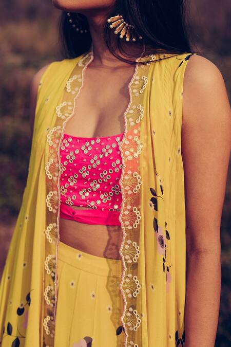 Shop Madzin Yellow Georgette Blouse Scoop Hand Embroidered Jacket And Lehenga Set Online at Aza Fashions Shop_Madzin_Yellow Georgette Blouse Scoop Hand Embroidered Jacket And Lehenga Set _Online_at_Aza_Fashions