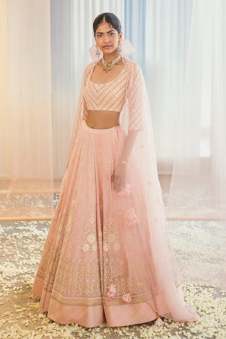 Shop Madzin Pink Silk Lining Shantoon Scoop Neck Lehenga Set at Aza Fashions Shop_Madzin_Pink Silk Lining Shantoon Scoop Neck Lehenga Set _at_Aza_Fashions