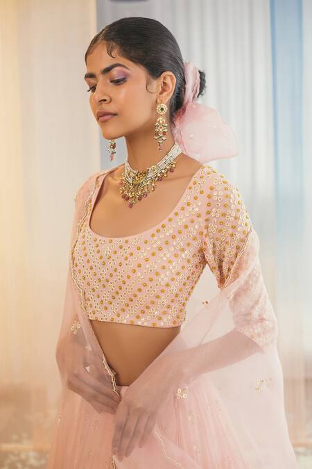 Shop Madzin Pink Silk Lining Shantoon Scoop Neck Lehenga Set Online at Aza Fashions Shop_Madzin_Pink Silk Lining Shantoon Scoop Neck Lehenga Set _Online_at_Aza_Fashions