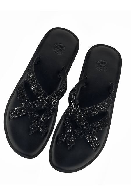 SKO Black Shimmer Cross Strap Slippers