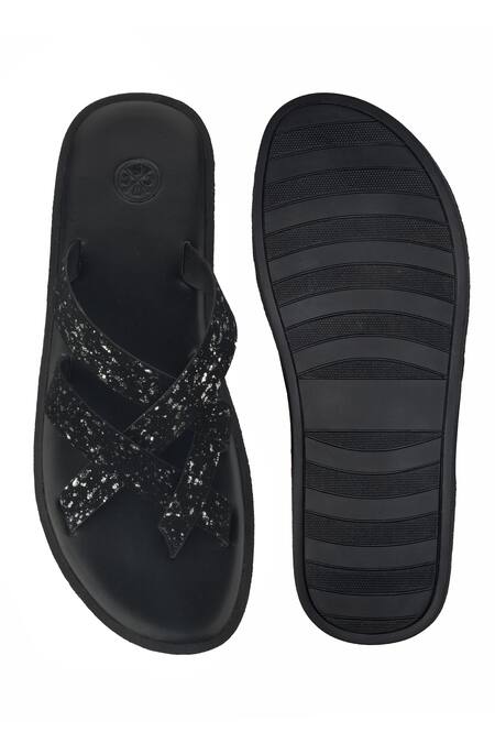 Shop Sko Black Shimmer Cross Strap Slippers at Aza Fashions Shop_Sko_Black Shimmer Cross Strap Slippers _at_Aza_Fashions