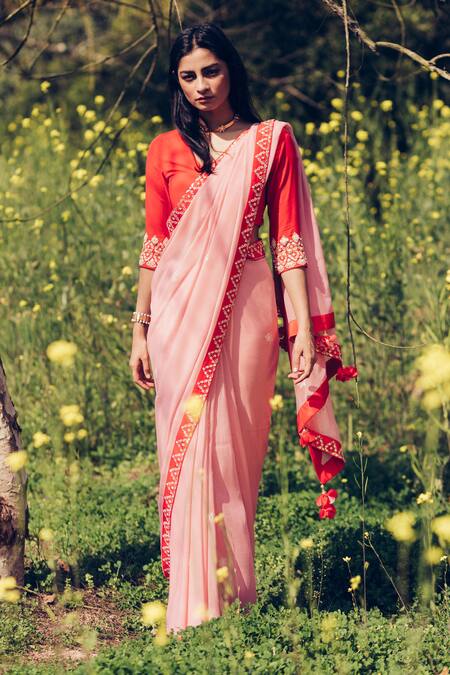 Shop Madzin Pink Silk Chiffon V Neck Hand Embroidered Saree With Blouse at Aza Fashions Shop_Madzin_Pink Silk Chiffon V Neck Hand Embroidered Saree With Blouse _at_Aza_Fashions