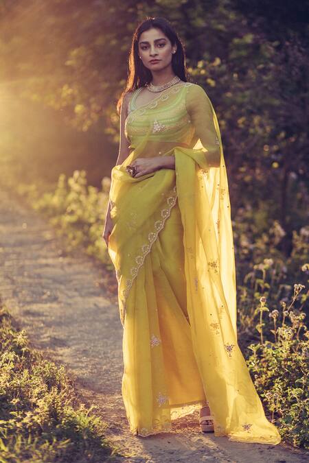 Shop_Madzin_Yellow Saree Silk Chiffon Scoop Neck Organza With Blouse _at_Aza_Fashions