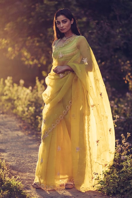 Buy Yellow Saree Chiffon And Blouse Art Organza Embroidered Sequin
