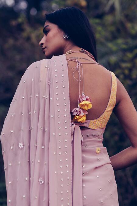 Buy Madzin Pink Blouse Silk Dupion Scoop Neck Hand Embroidered Saree With Online at Aza Fashions Buy_Madzin_Pink Blouse Silk Dupion Scoop Neck Hand Embroidered Saree With _Online_at_Aza_Fashions