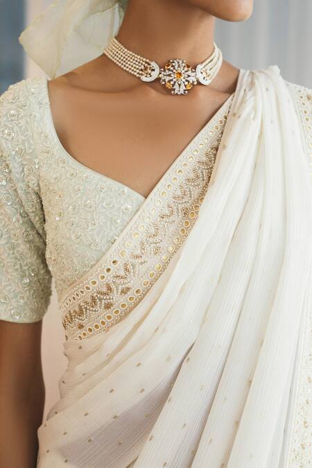 Shop Madzin White Silk Leaf Neck Saree With Blouse Online at Aza Fashions Shop_Madzin_White Silk Leaf Neck Saree With Blouse _Online_at_Aza_Fashions