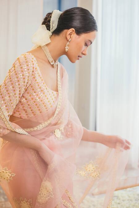 Madzin_Pink Silk Scoop Neck Saree With Blouse _Online_at_Aza_Fashions