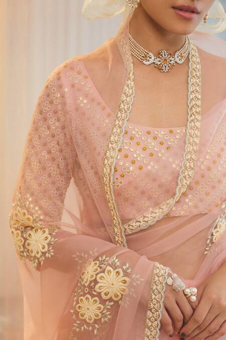 Shop_Madzin_Pink Silk Scoop Neck Saree With Blouse _Online_at_Aza_Fashions