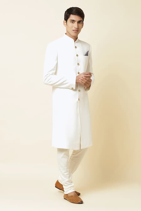 Spring Break_White Cotton Lycra, Terry Rayon Mandarin Collar Sherwani Set _Online_at_Aza_Fashions