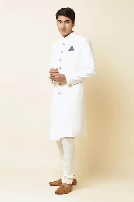 Buy_Spring Break_White Cotton Lycra, Terry Rayon Mandarin Collar Sherwani Set _Online_at_Aza_Fashions