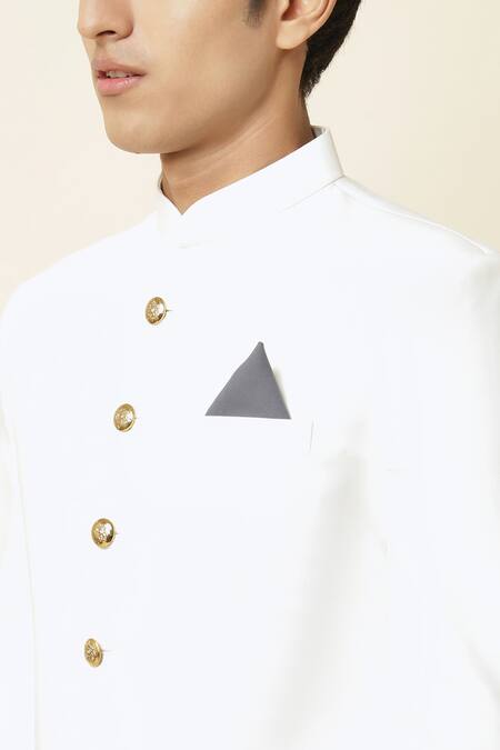 Spring Break_White Cotton Lycra, Terry Rayon Mandarin Collar Sherwani Set _at_Aza_Fashions