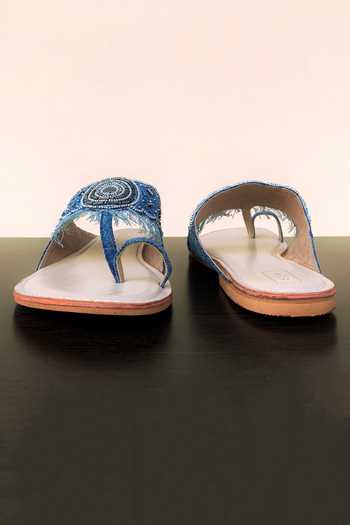 Sandalwali_Blue Beads Embroidered Denim Kolhapuri Sandals _Online_at_Aza_Fashions
