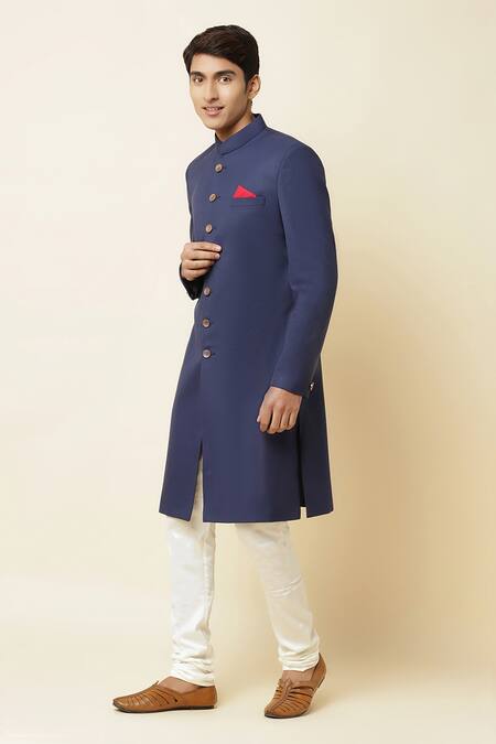 Buy_Spring Break_Blue Cotton Lycra, Terry Rayon Sherwani And Churidar Set _Online_at_Aza_Fashions