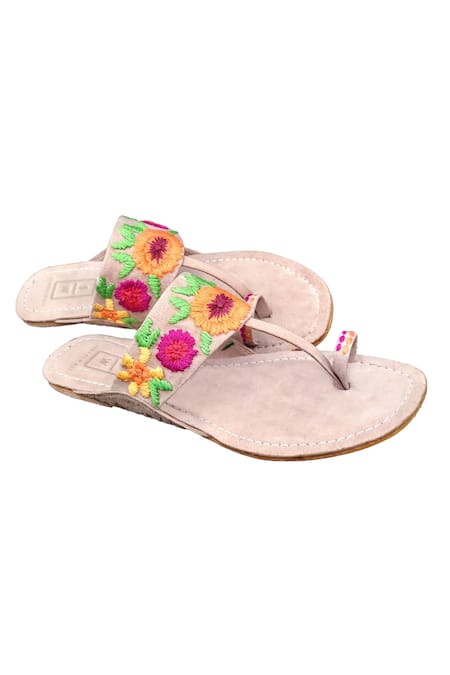 Shop Sandalwali Beige Embroidered Floral Suedette Sandals at Aza Fashions Shop_Sandalwali_Beige Embroidered Floral Suedette Sandals _at_Aza_Fashions