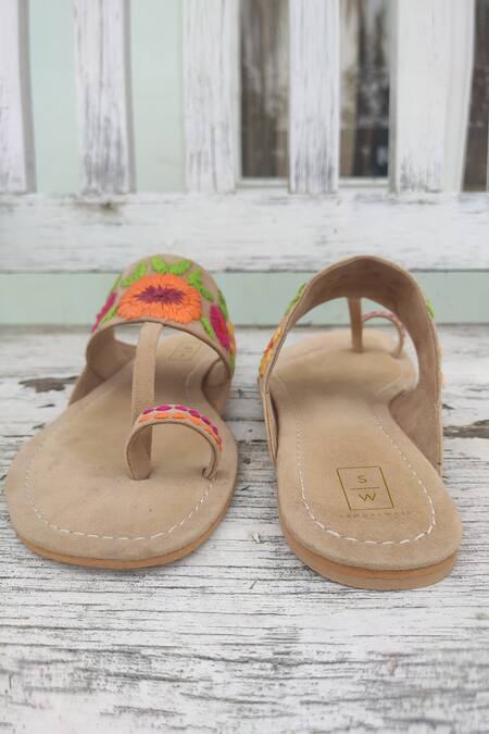 Sandalwali Beige Embroidered Floral Suedette Sandals Online at Aza Fashions Sandalwali_Beige Embroidered Floral Suedette Sandals _Online_at_Aza_Fashions