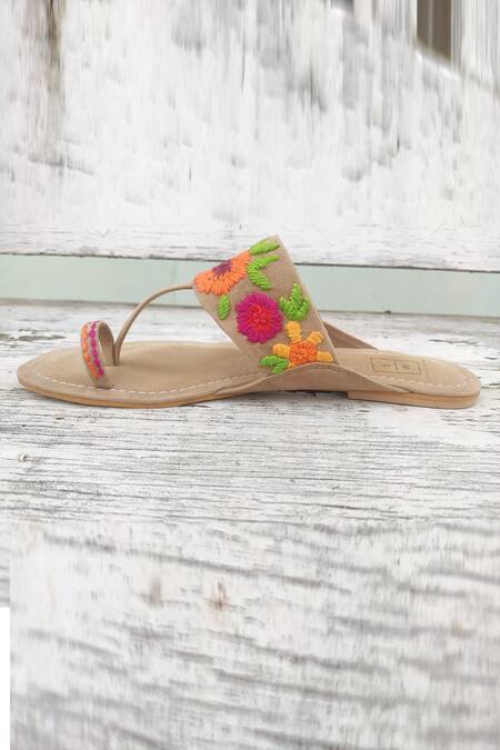 Shop Sandalwali Beige Embroidered Floral Suedette Sandals Online at Aza Fashions Shop_Sandalwali_Beige Embroidered Floral Suedette Sandals _Online_at_Aza_Fashions