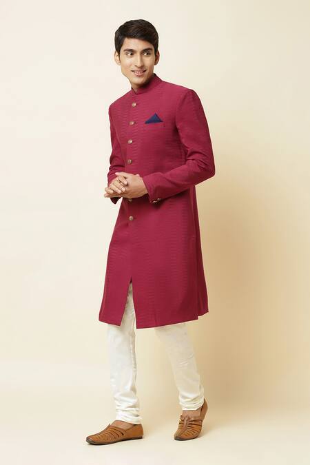 Buy_Spring Break_Maroon Silk, Cotton Lycra Sherwani Set _Online_at_Aza_Fashions