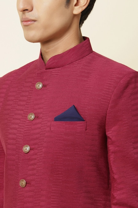 Spring Break_Maroon Silk, Cotton Lycra Sherwani Set _at_Aza_Fashions